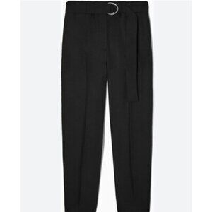 NWOT COS Classic Linen Lyocell Blend Belted Straight Leg Black Pant 4
